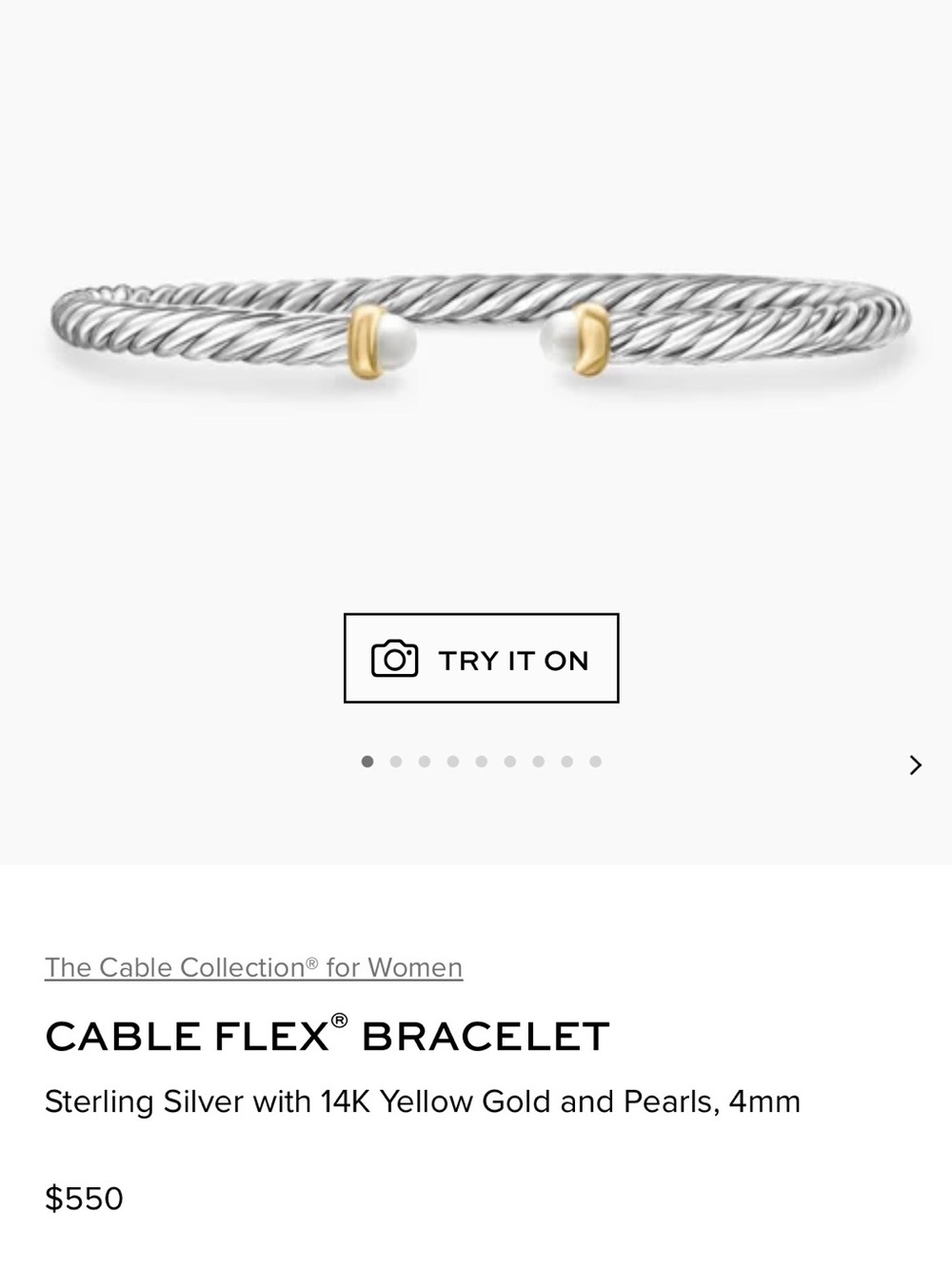 David Yurman Bracelet Cable Flex Sterling Silver 14K Gold and Pearls 4mm LARGE - Picture 2 of 10